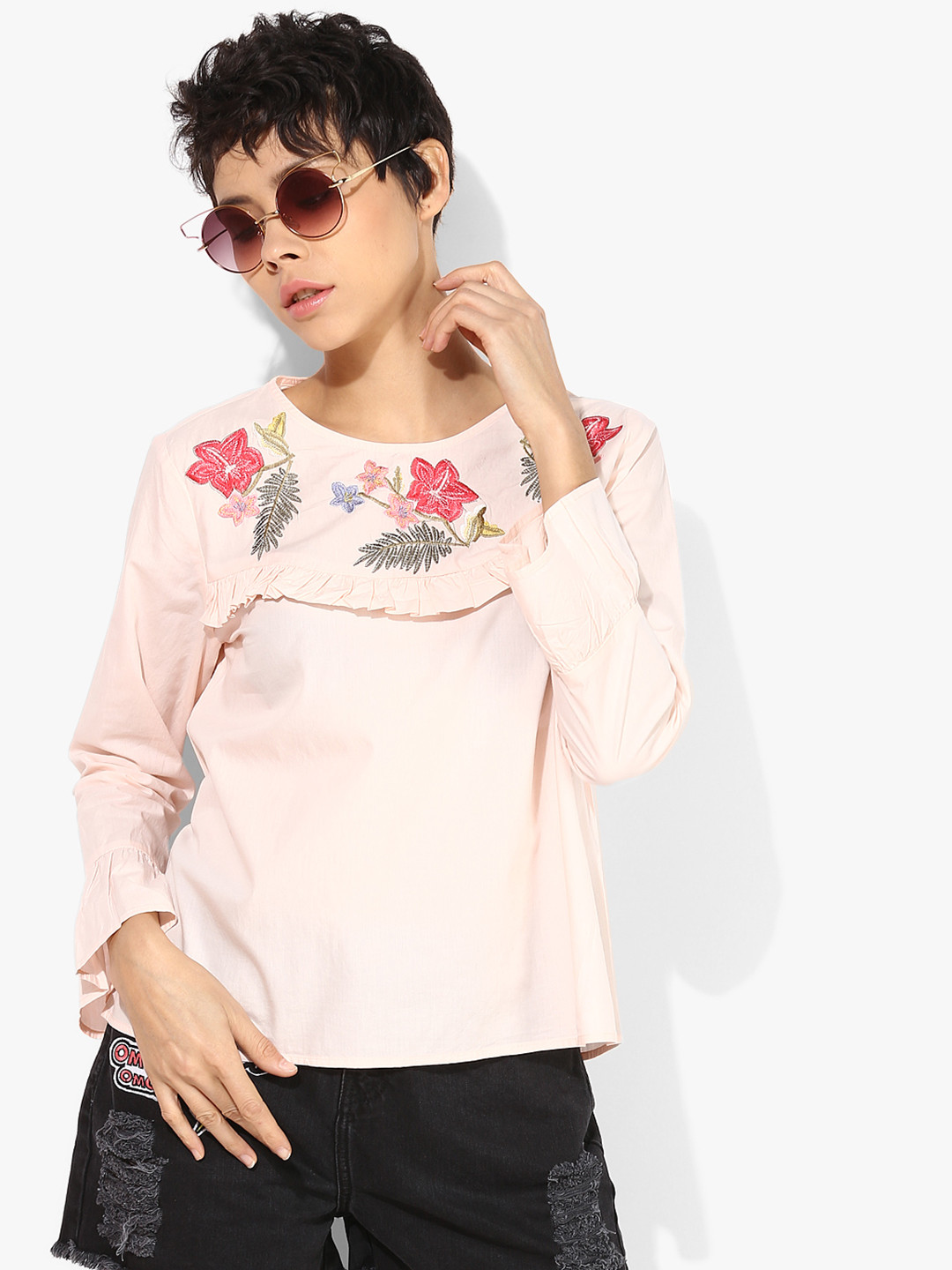 Splash Women Peach-Coloured Floral Embroidered Pure Cotton Top