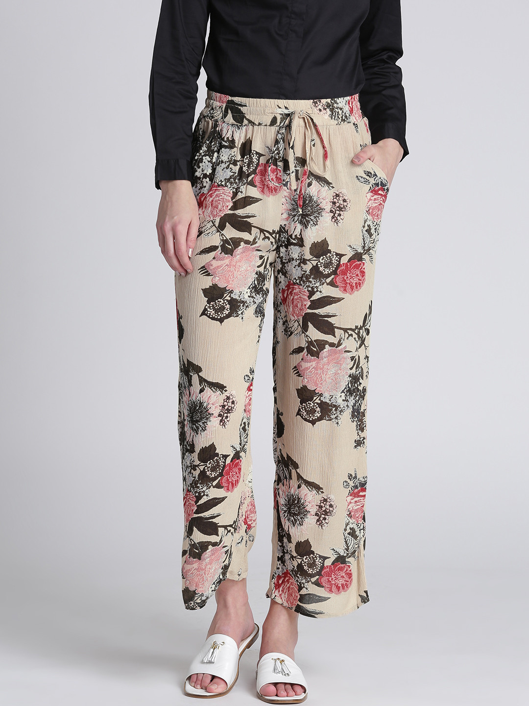 Splash Women Beige & Black Floral Print Parallel Trousers
