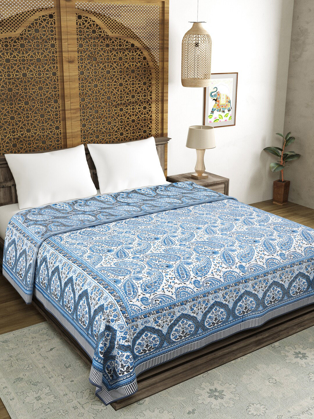 Sangria Grey & Blue Ethnic Motifs Printed Pure Cotton Dohar