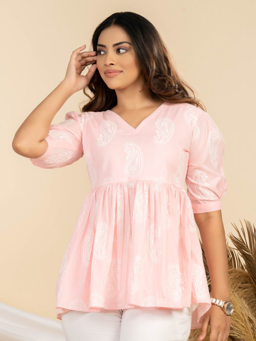 WEAVLLITE Ethnic Motifs Printed Puffed Sleeves Gathers Pure Cotton Tunic