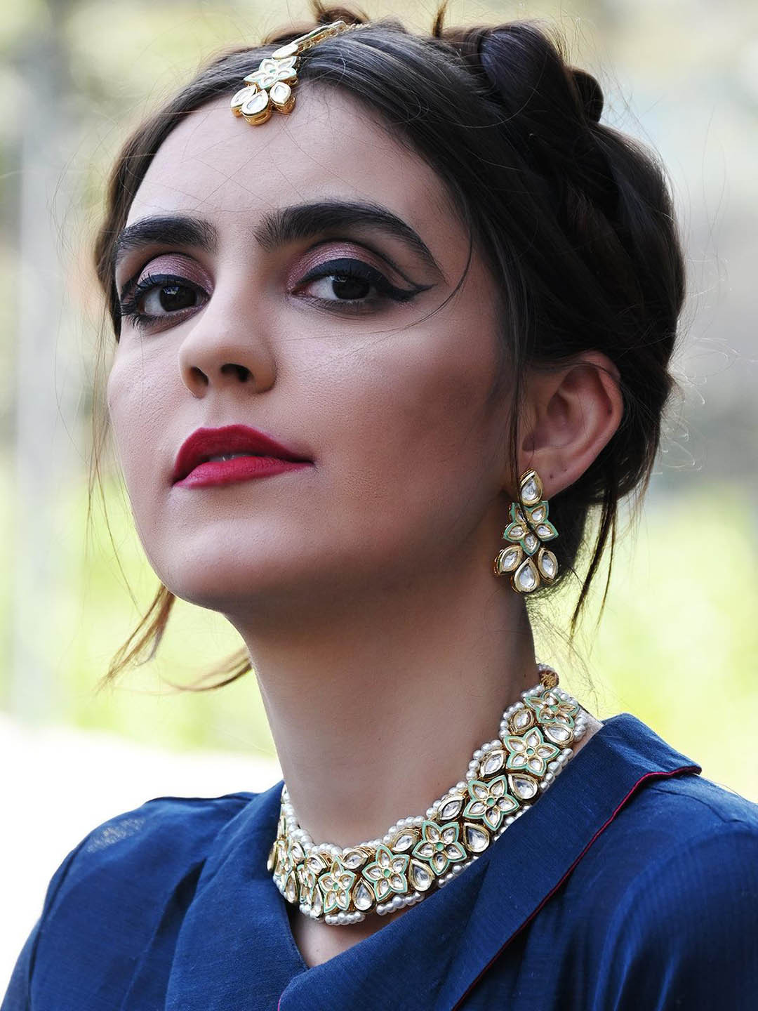 ODETTE Gold-Plated Stone-Studded Choker Traditional Necklace & Earring With Maang Tika