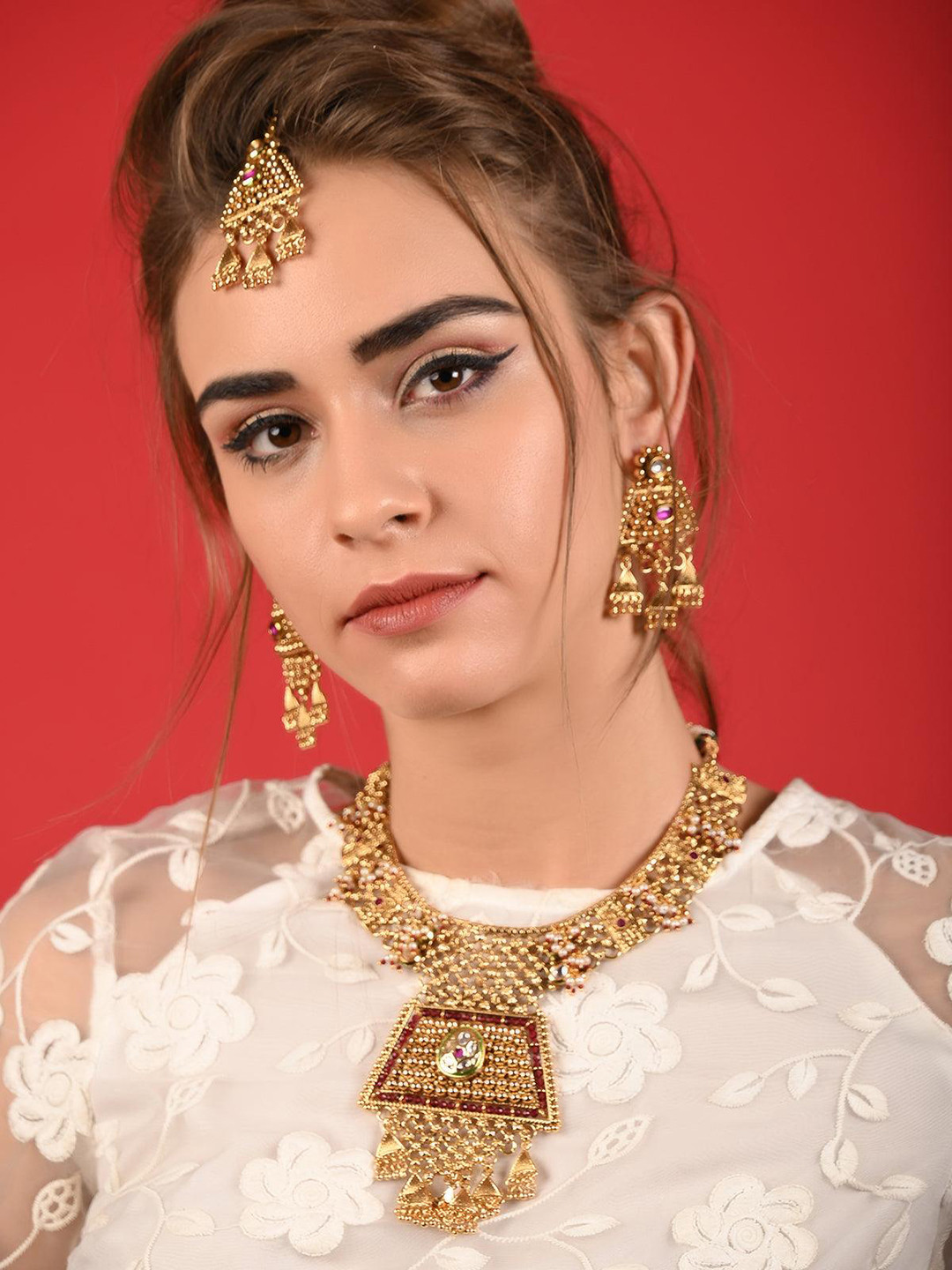 ODETTE Gold-Plated Stone-Studded & Beaded Bohemian Necklace & Earring
