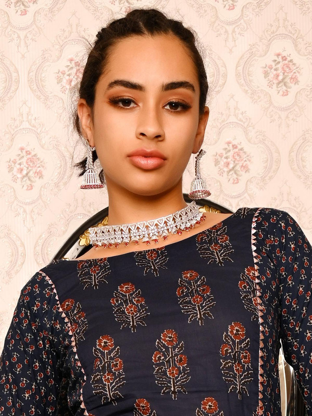 ODETTE Silver-Plated Rubies-Studded Embellished Necklace & Earring