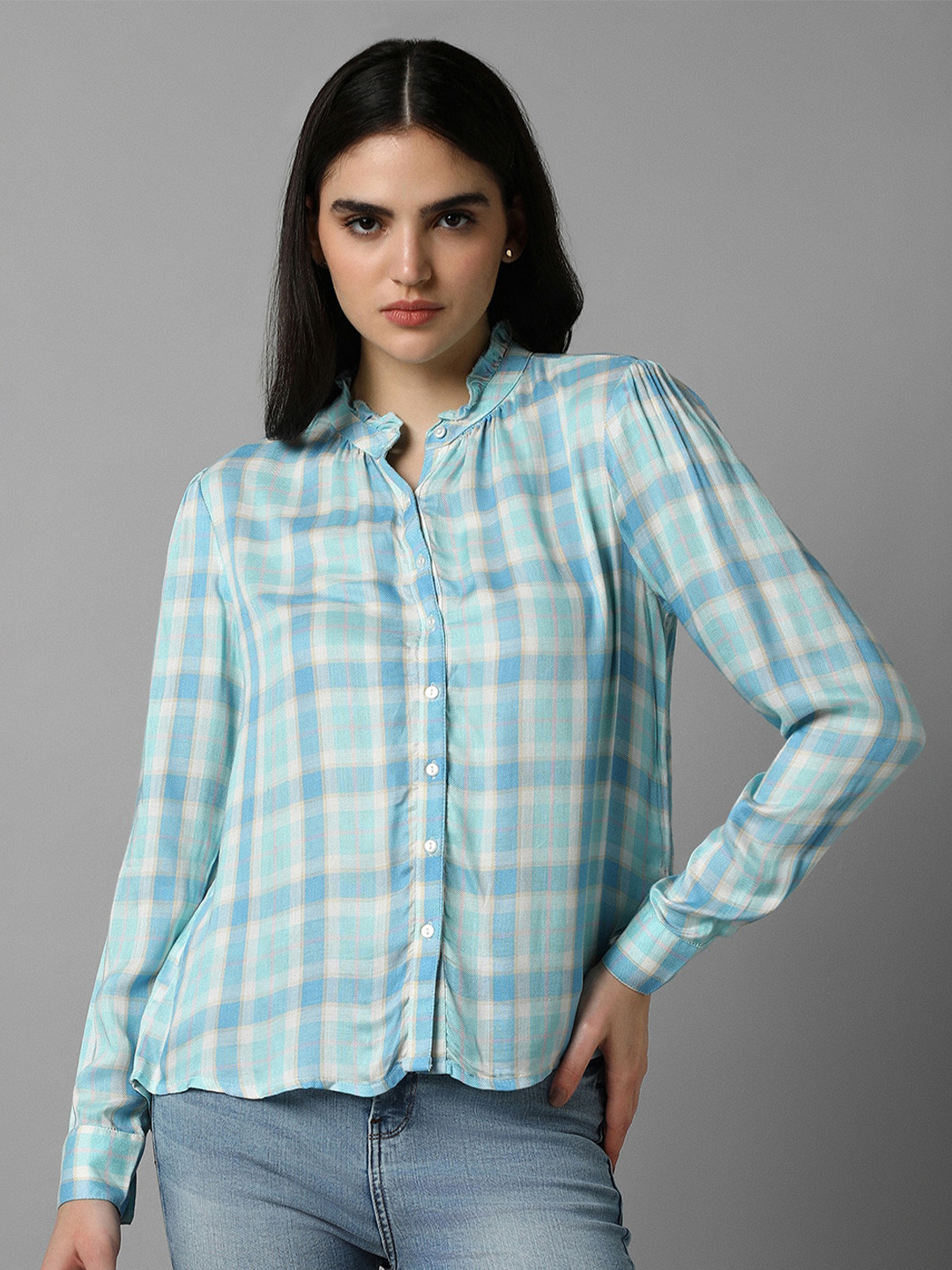 Allen Solly Woman Tartan Checked Mandarin Collar Casual Shirt