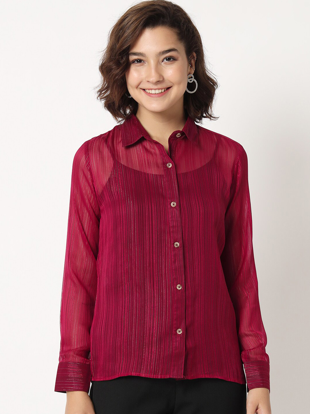 CHARMGAL Self Design Semi Sheer Classic Opaque Casual Shirt