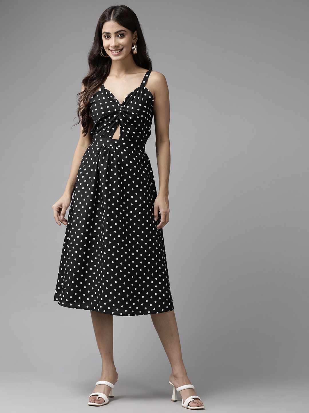 Aarika Black Polka Dot Print Georgette A-Line Midi Dress
