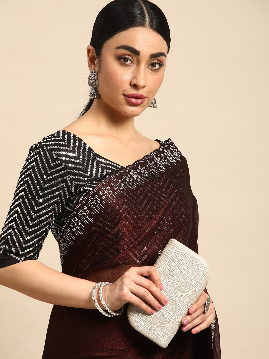 Mitera Solid Stones-Studded Organza Saree