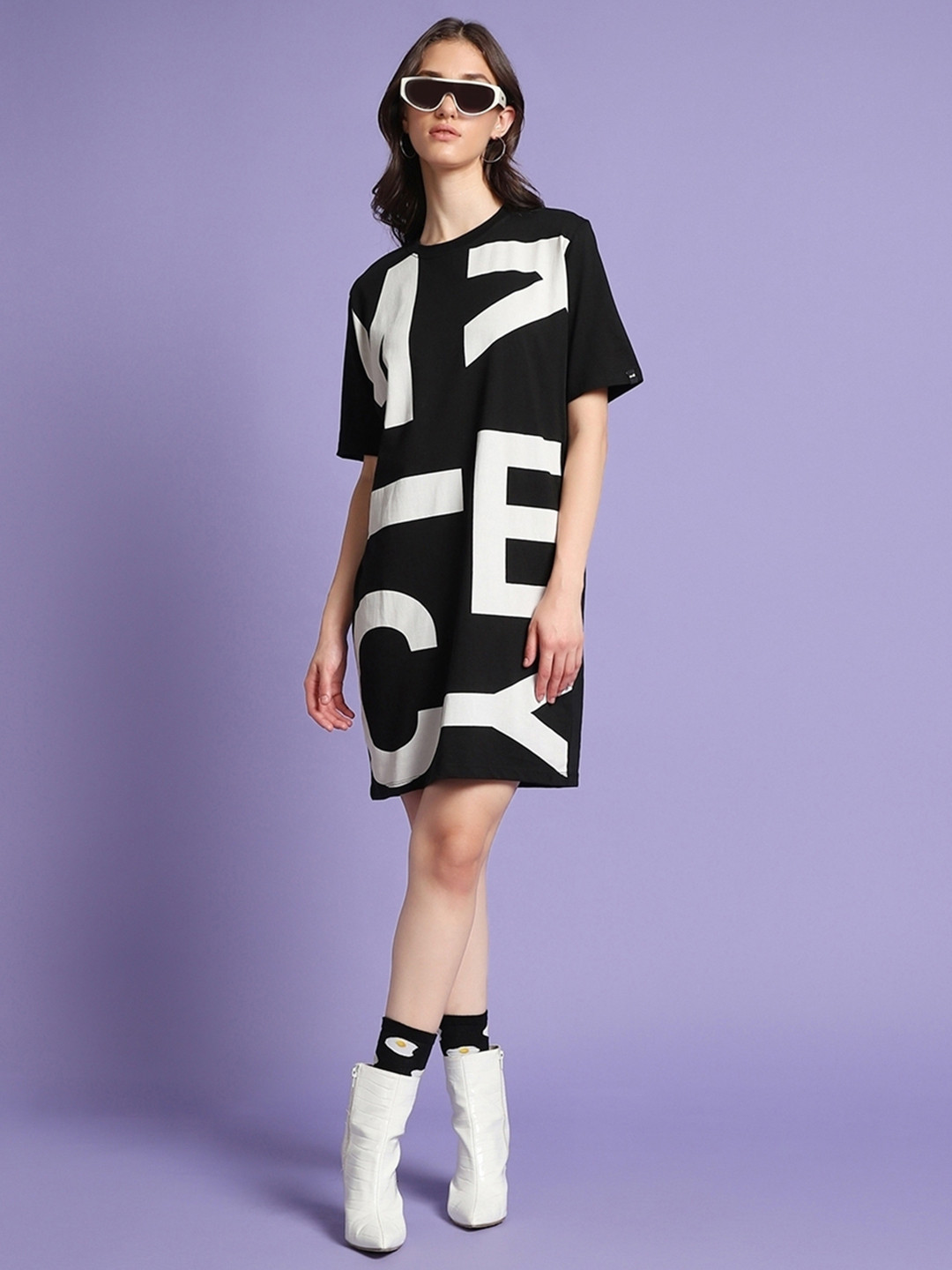 Bewakoof Black Mickey Typography Printed Short Sleeves Pure Cotton Oversized T-shirt Dress