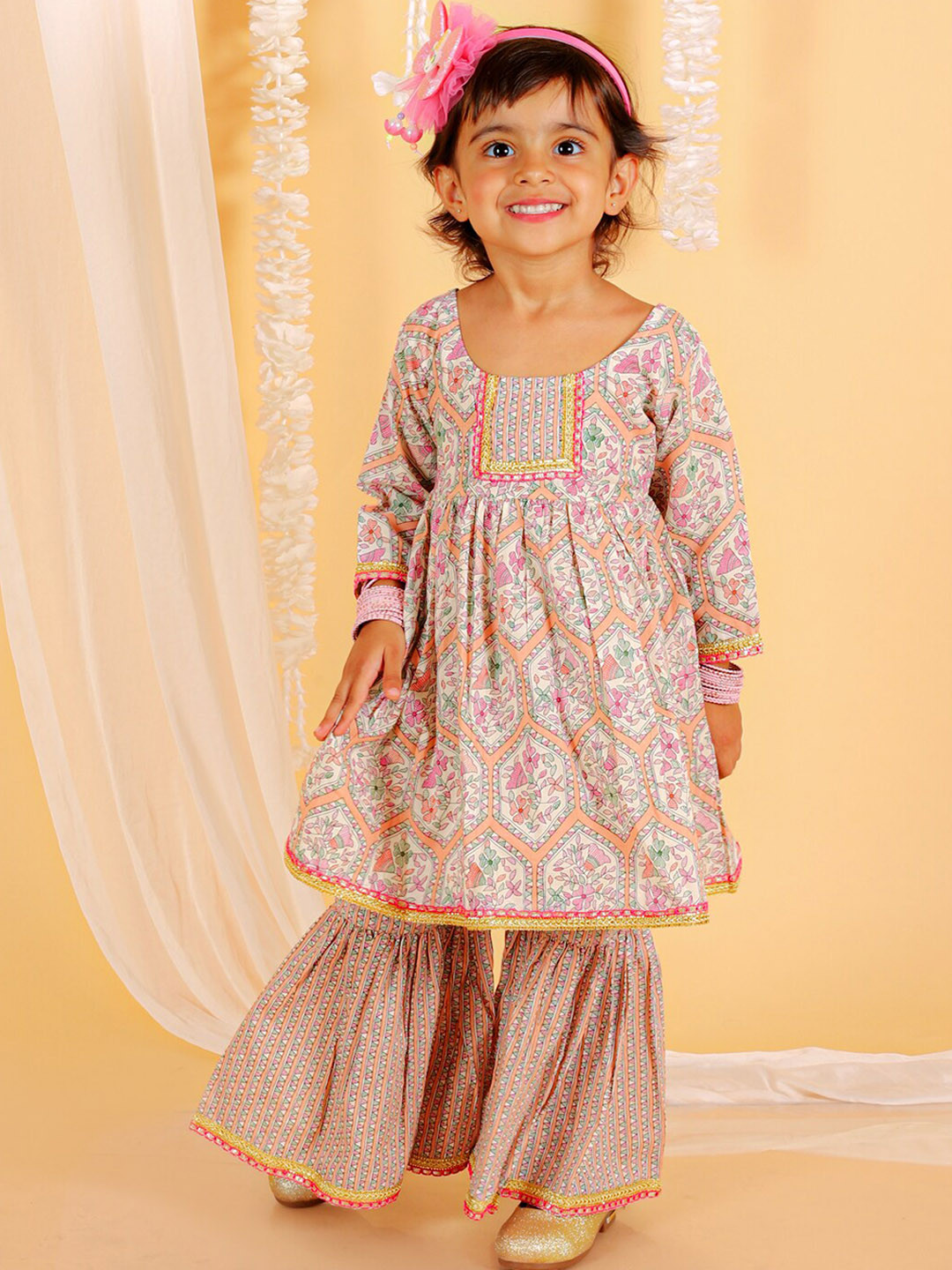 The Mom Store Girls Floral Printed Thread Work Pure Cotton Kurta with Sharara