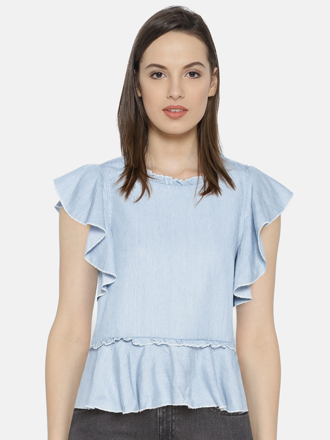 Jealous 21 Women Blue Solid A-Line Chambray Top