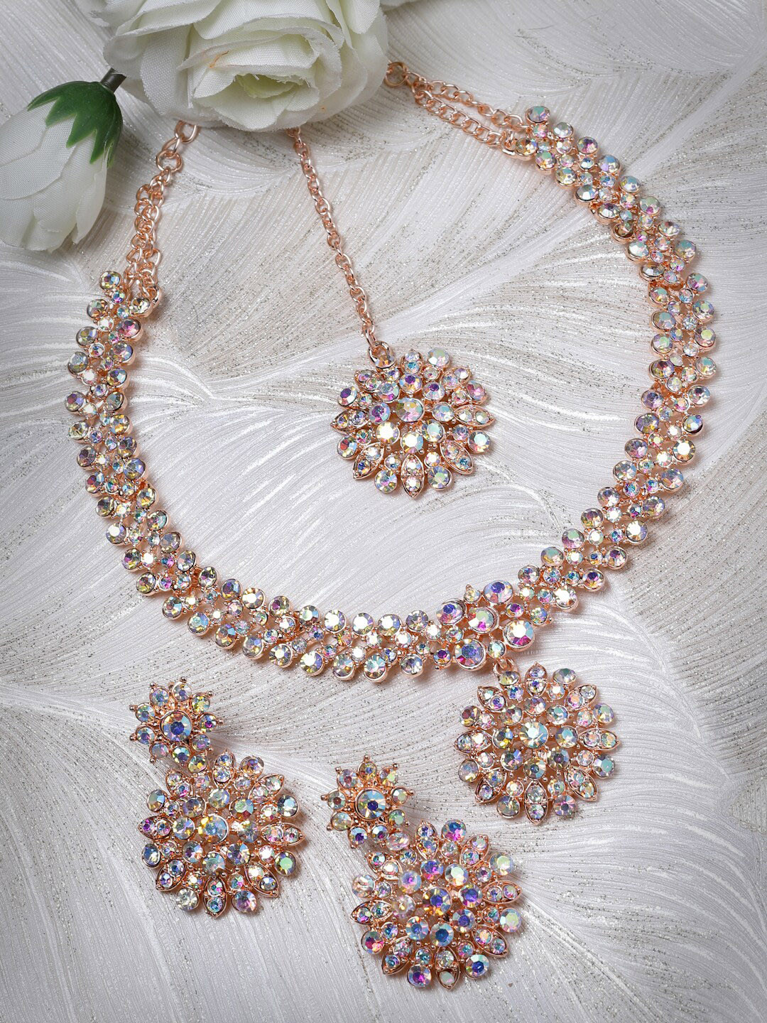 Sukkhi Rose Gold-Plated Rainbow Stone-Studded Necklace With Earrings And Maang Tika