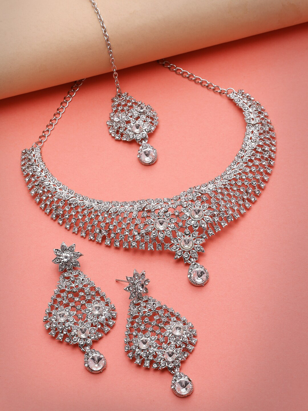 Sukkhi Rhodium-Plated Silver-Toned Stone-Studded Jewellery Set