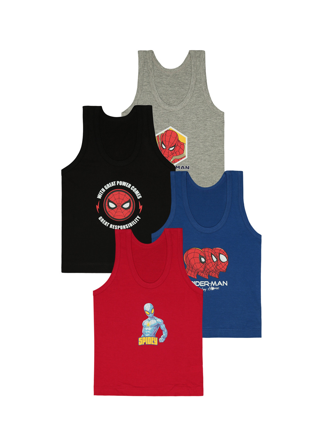 Bodycare Boys Pack Of 4 Spiderman Printed Assorted Cotton Innerwear Vests