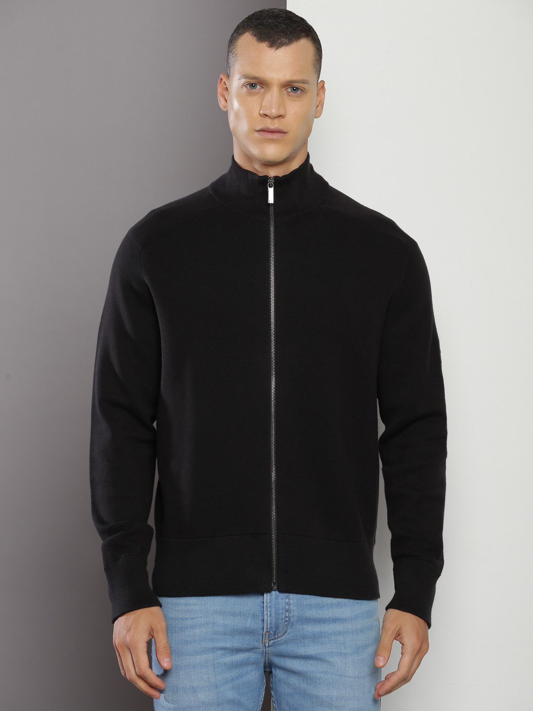 Calvin Klein Jeans Mock Collar Front-Open Organic Cotton Sweaters