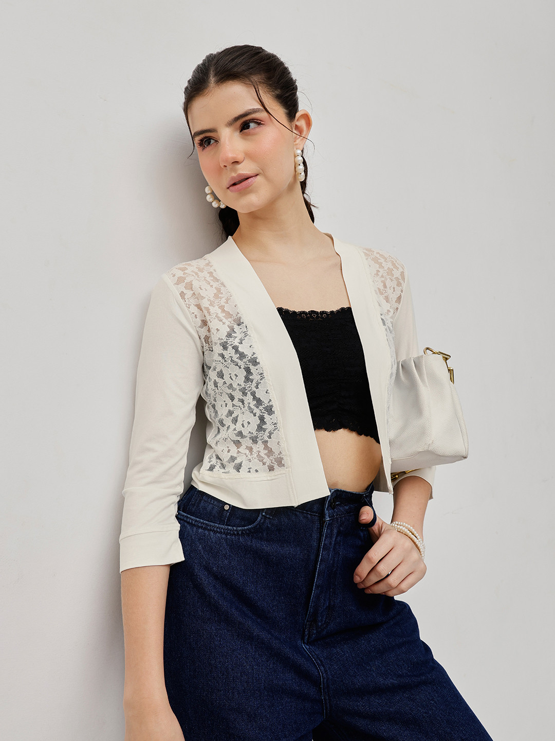 Espresso Off-White Solid Open Front Shrug