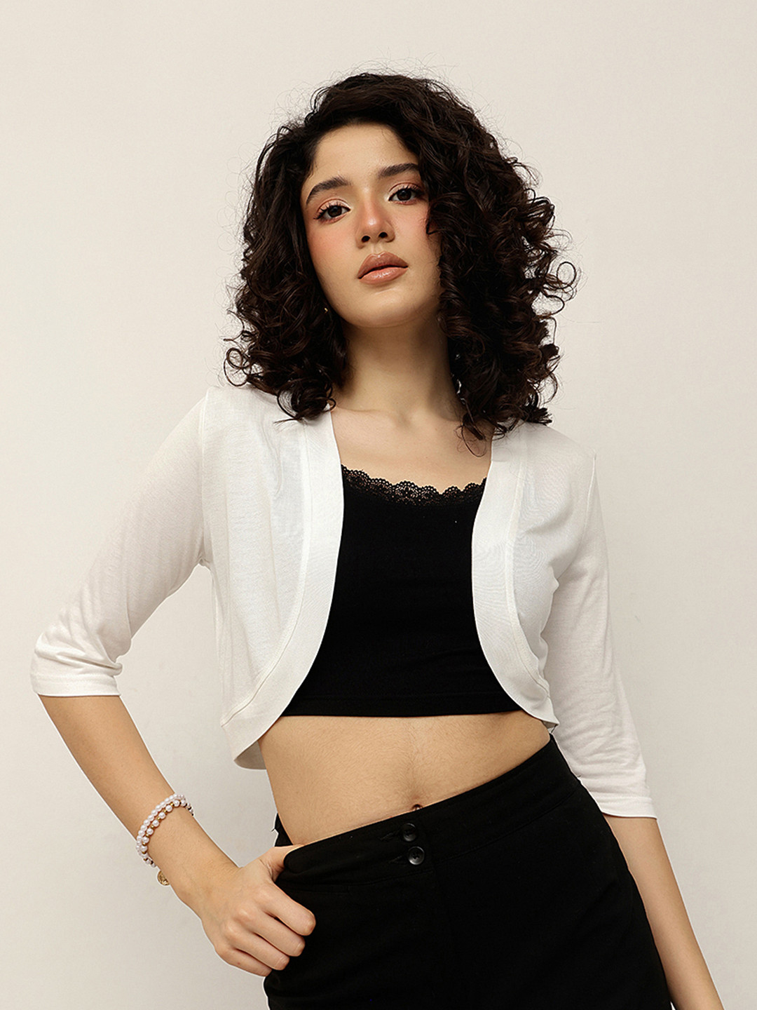 Espresso Off-White Solid Open Front Shrug