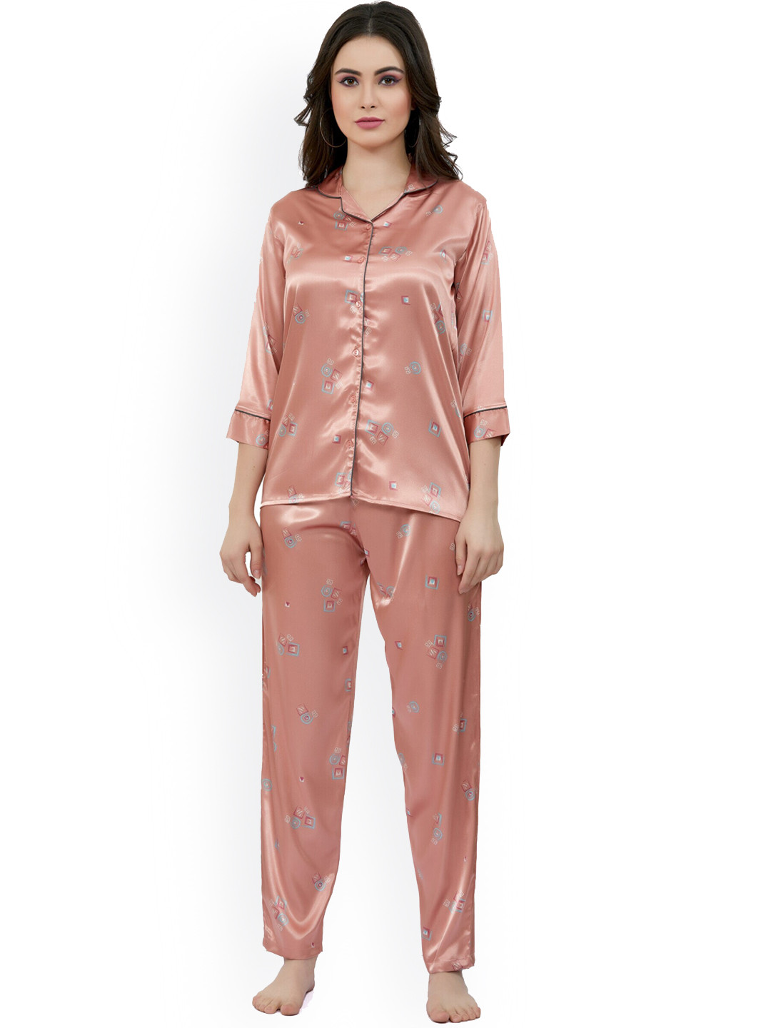 ESTERIA Geometric Printed Shirt With Pyjamas Satin Night Suit