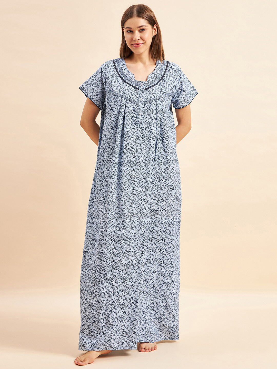 Sweet Dreams Navy Blue Floral Printed Pure Cotton Maxi Nightdress