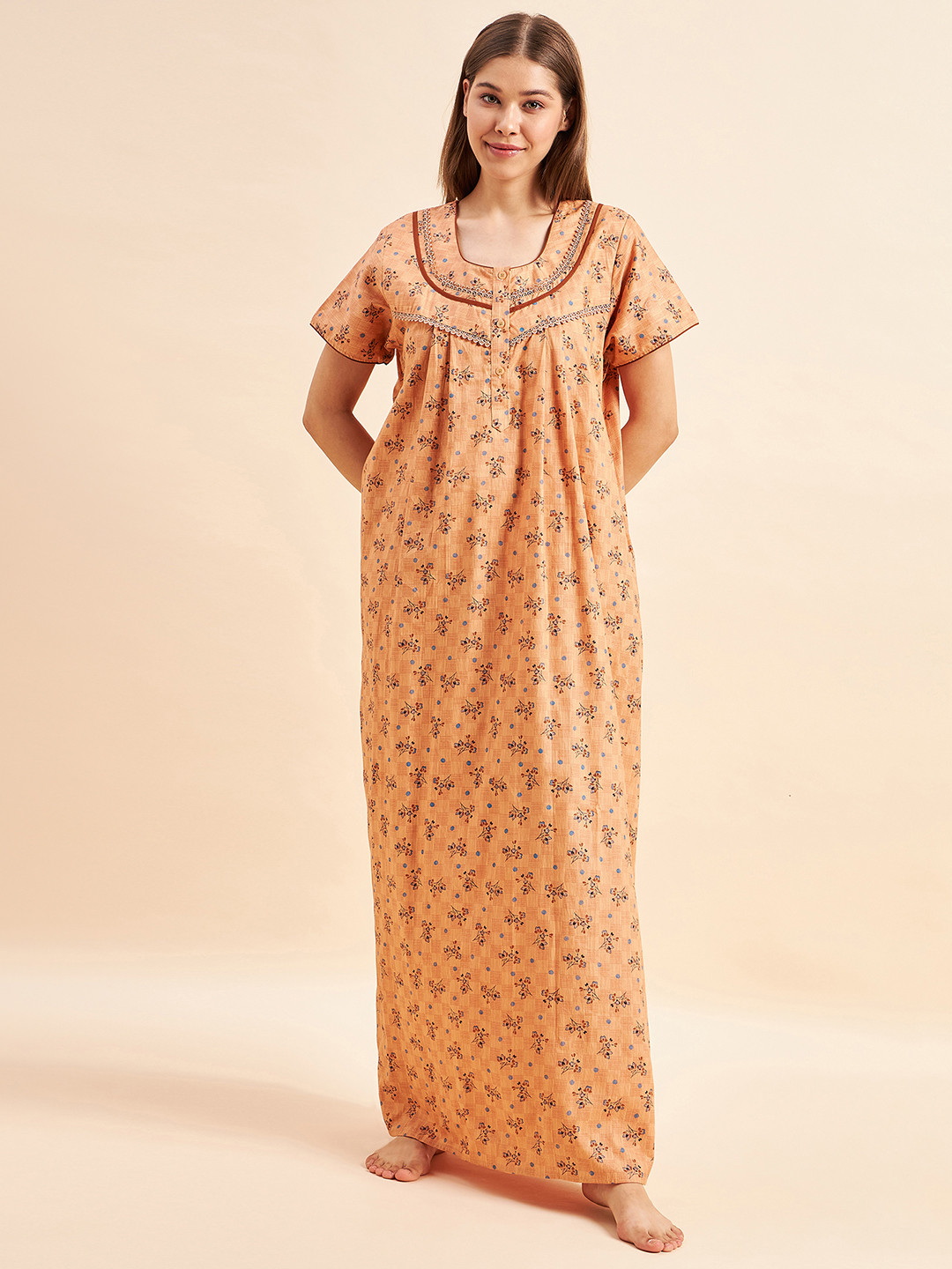 Sweet Dreams Orange Floral Printed Pure Cotton Maxi Nightdress