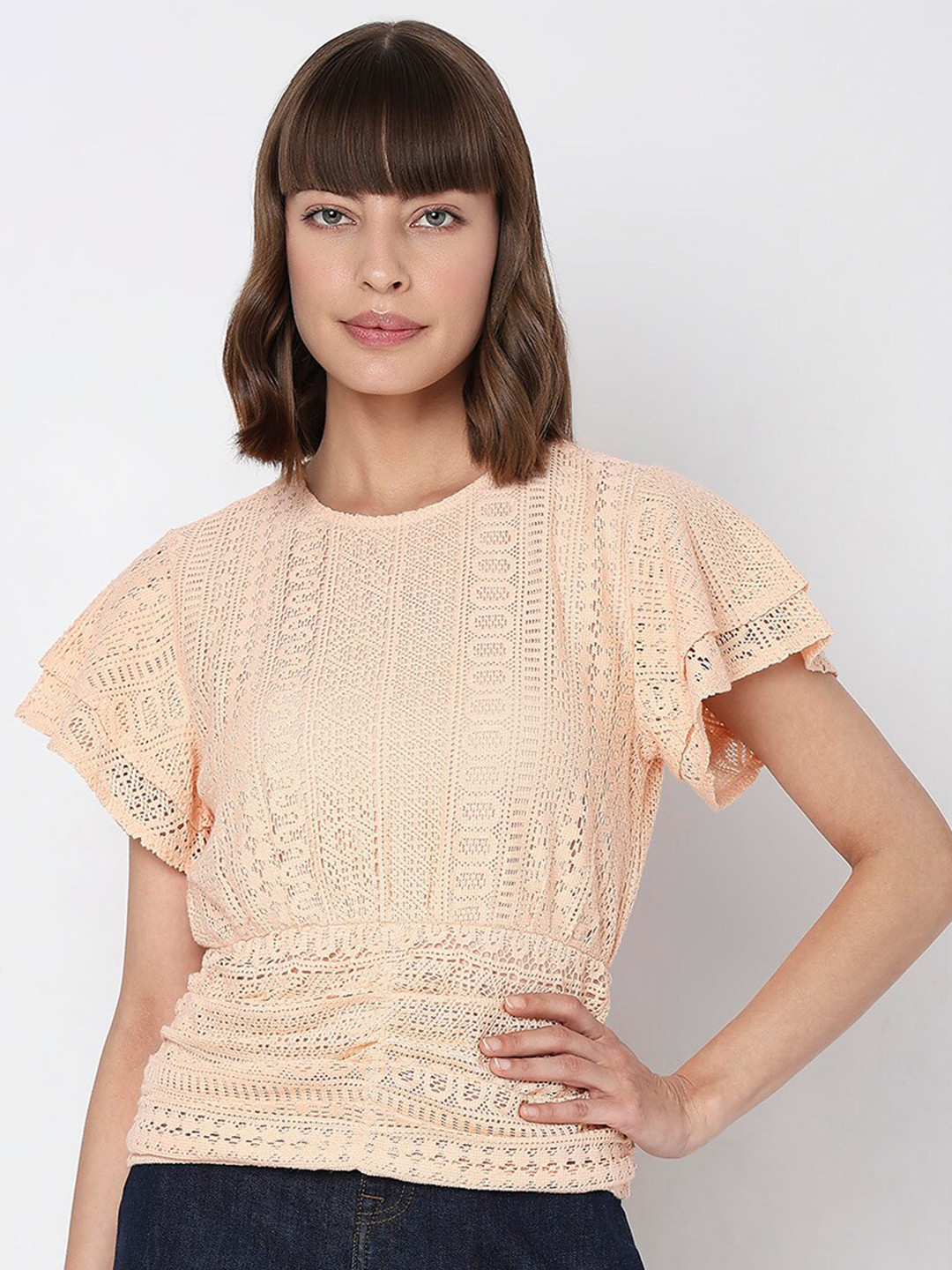 Vero Moda Self Design Flutter Sleeves Ruched Cotton Top