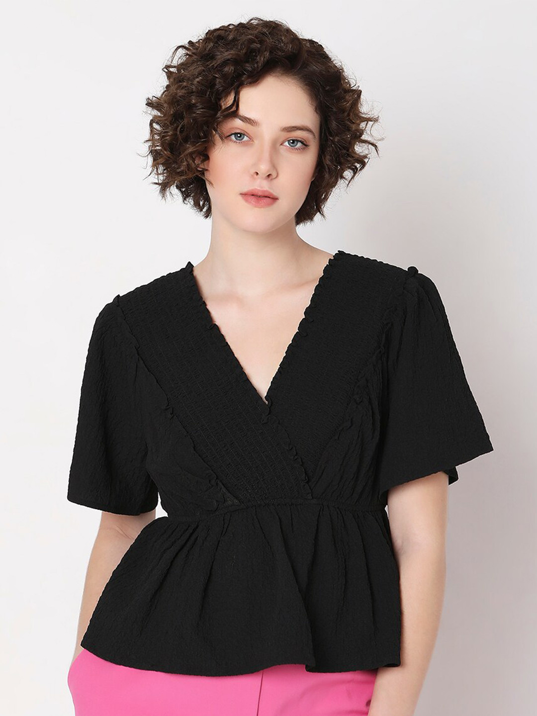 Vero Moda Flared Sleeves Smocking Peplum Top