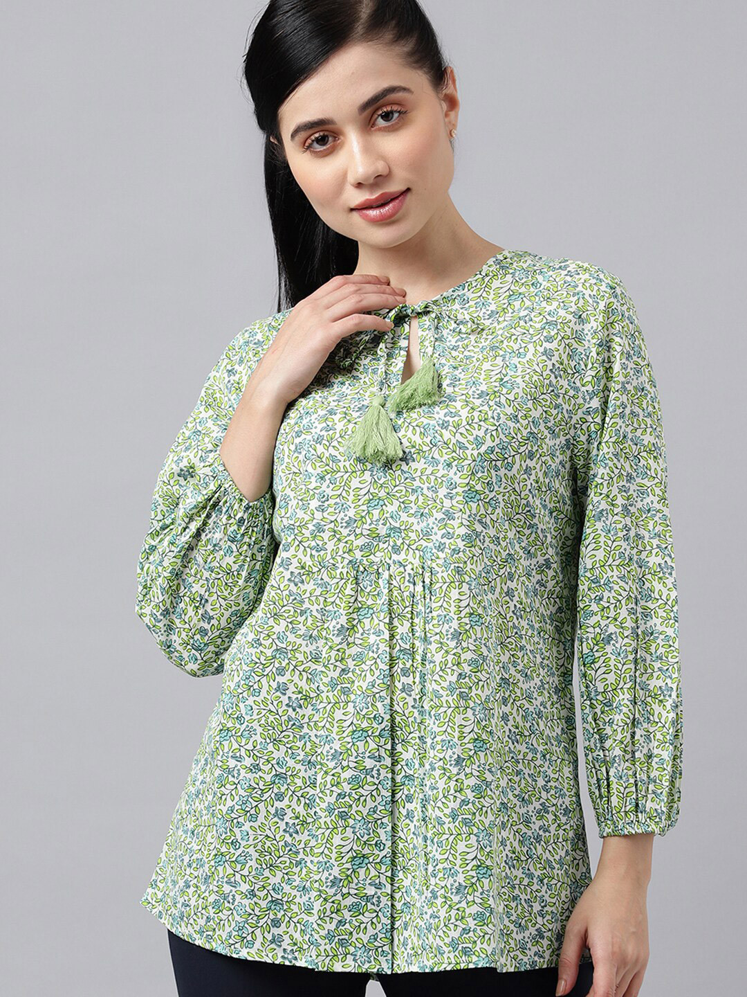 Hancock Floral Print Tie-Up Neck Three Quarter Elasticated Sleeve Pure Cotton Top
