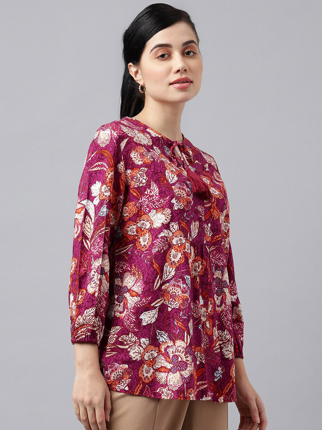 Hancock Floral Print Keyhole Neck Three Quarter Elasticated Sleeve Top