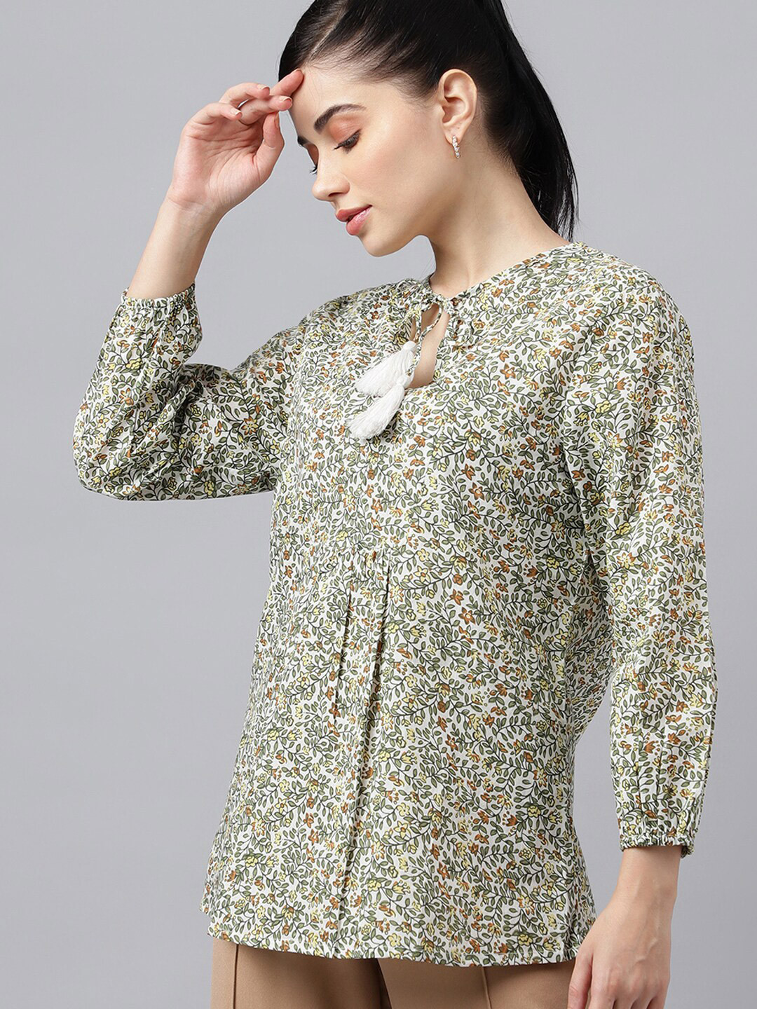 Hancock Floral Printed Tie Up Neck Cotton Top