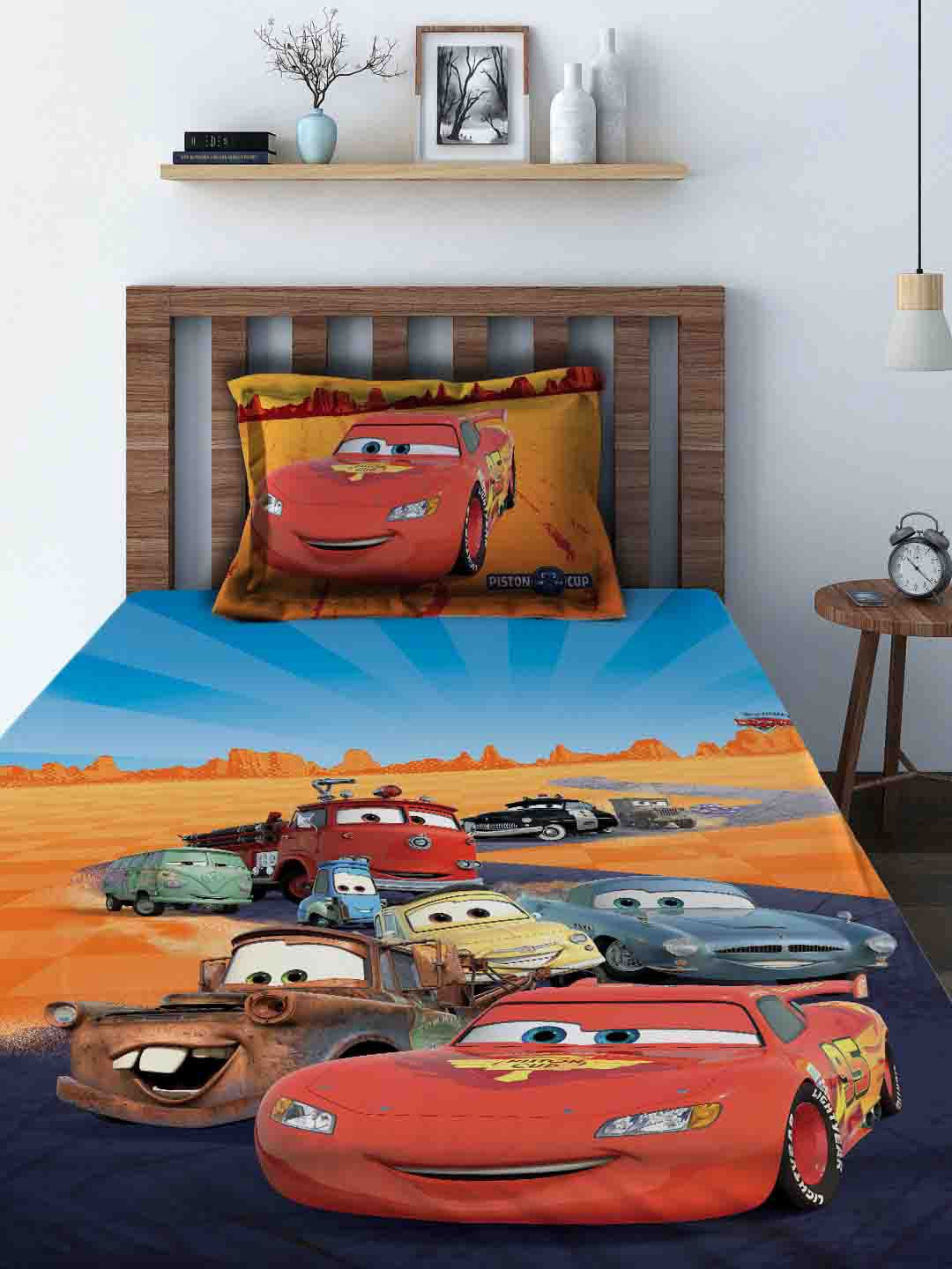 Disney Athom Trendz Cars Multicoloured Cartoon Characters Cotton 180 TC Single Superfine Bedsheet with a Pillow Cover-87 x 59 inches