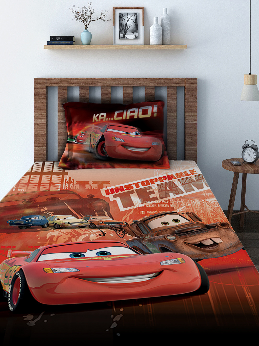 Disney Athom Trendz Cars Red Conversational Cotton 180 TC Single Superfine Bedsheet with a Pillow Cover-87 x 59 inches