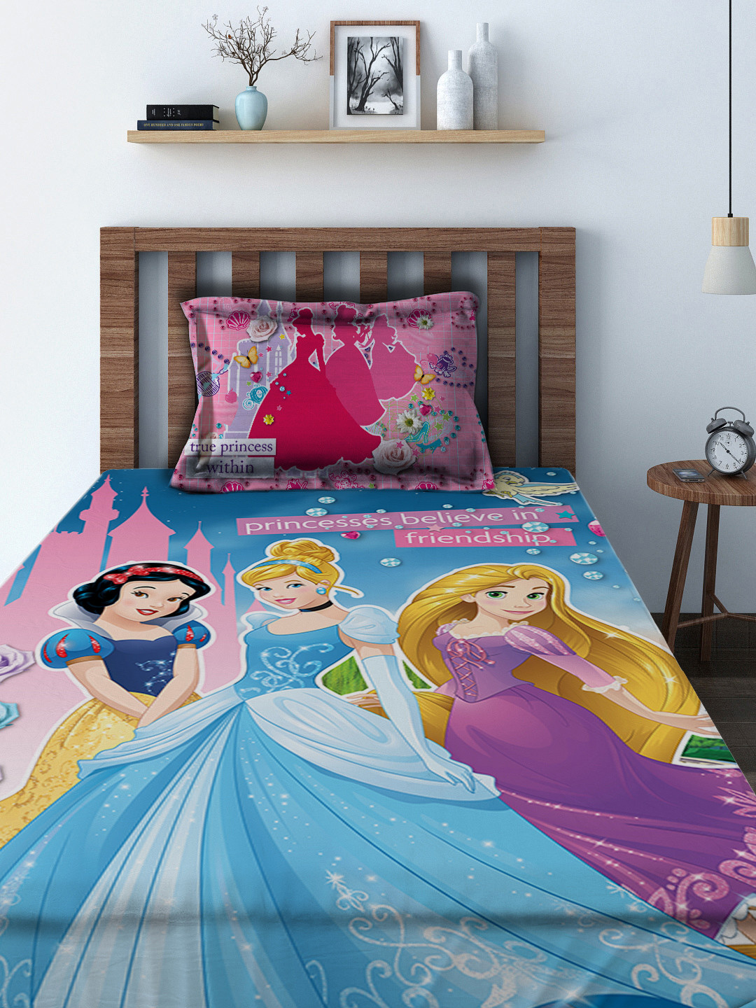 Disney Blue Cartoon Characters Cotton 180 TC Single Superfine Bedsheet with a Pillow Cover-87 x 59 inches