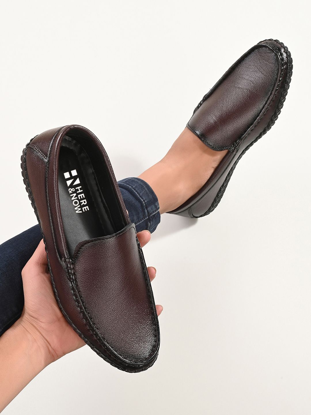HERE NOW Men Brown Textured Round Toe Loafers