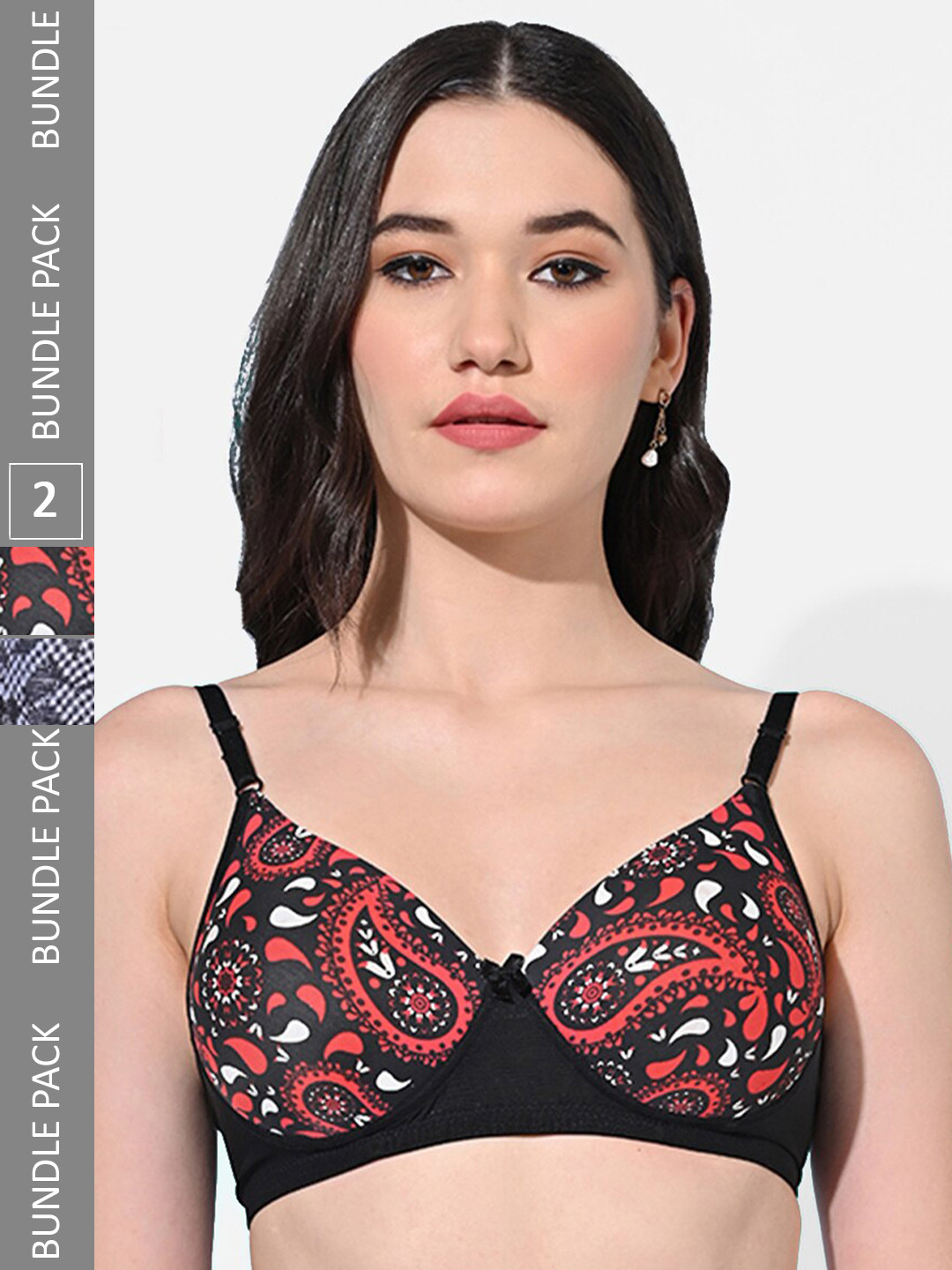 FIMS Pack Of 2 Printed Full Coverage All Day Comfort Bra BRA_SLK-L_Black_SLK