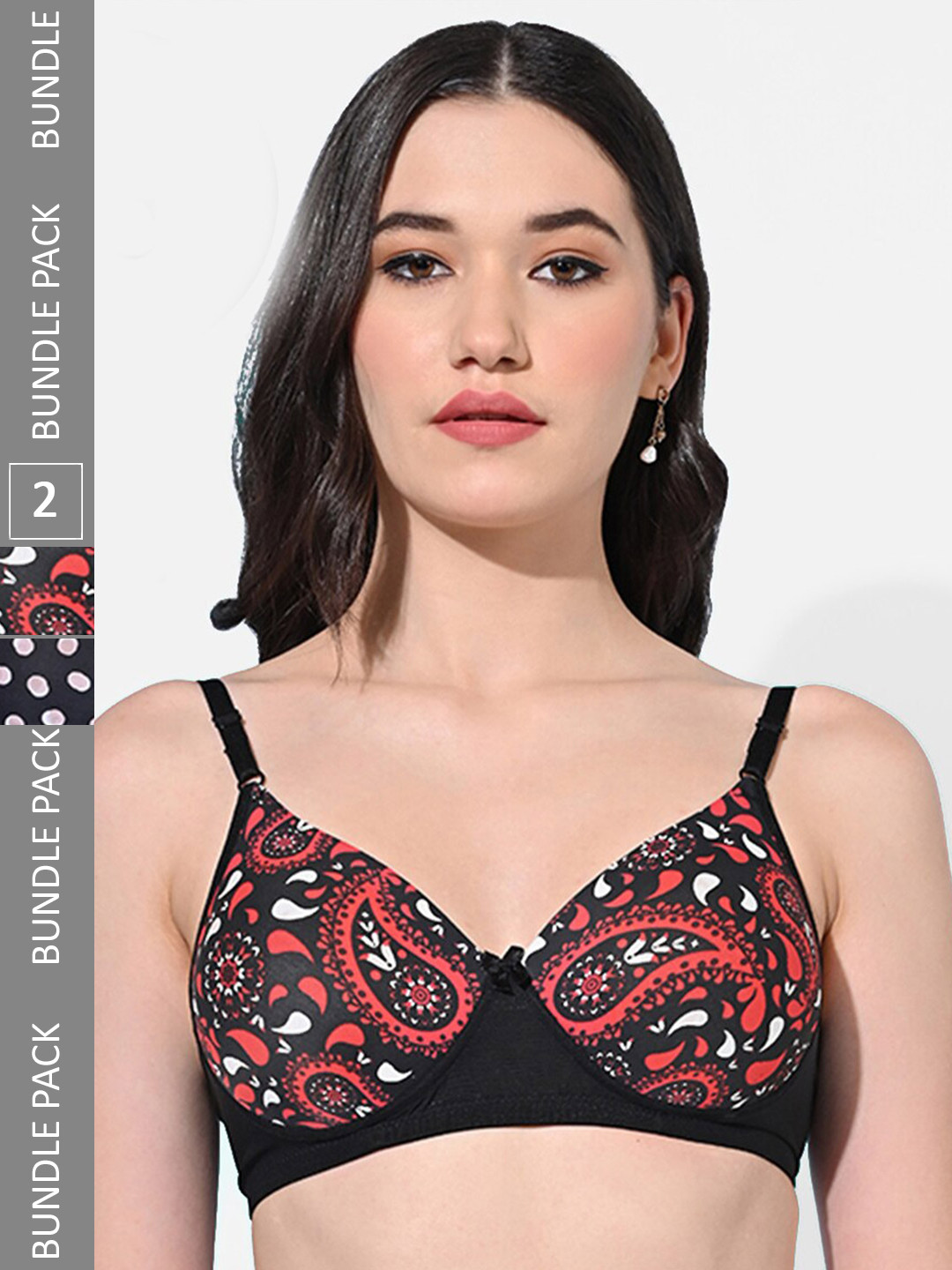 FIMS Pack Of 2 Printed Full Coverage Lace All Day Comfort Bra BRA_SLK-L_Black_SLK