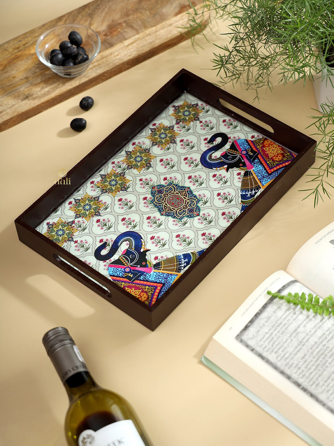 DULI White & Green Printed Serving Tray