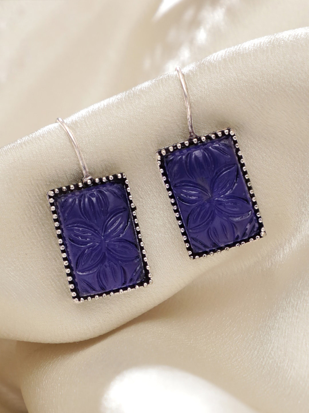 Rubans Oxidised Silver-Plated Carved Rectangular Blue Drop Earrings