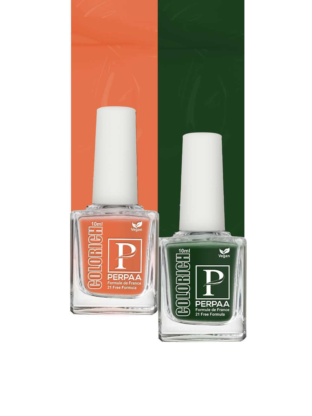 PERPAA Colorich Quick Dry Long Lasting Nail Polishes - 10ml Each Army Green 14 & Orange 15