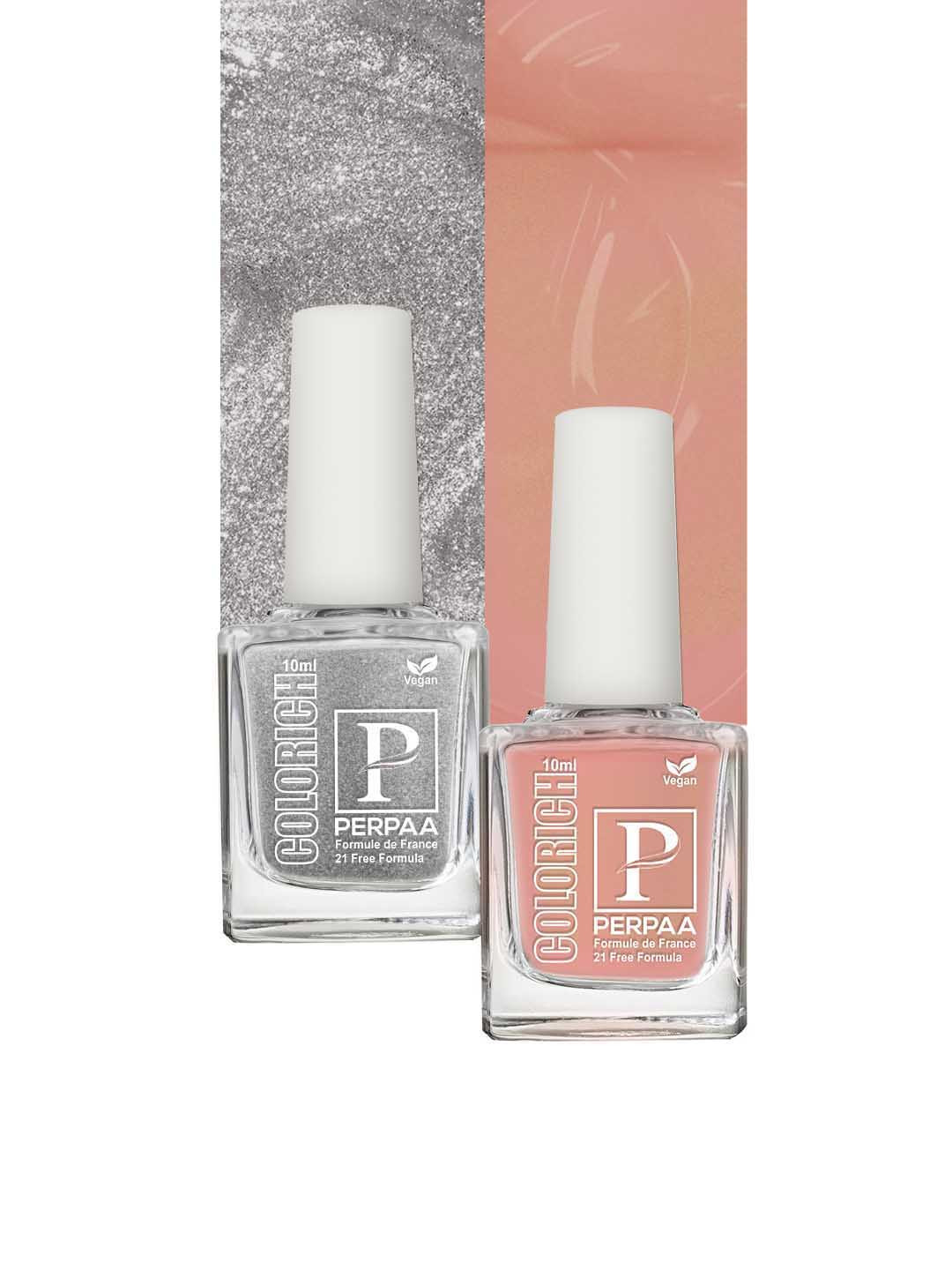 PERPAA Set of 2 Colorich Vegan Nail Polish 10ml Each- Shimmer Peach 08 & Texture Silver 09