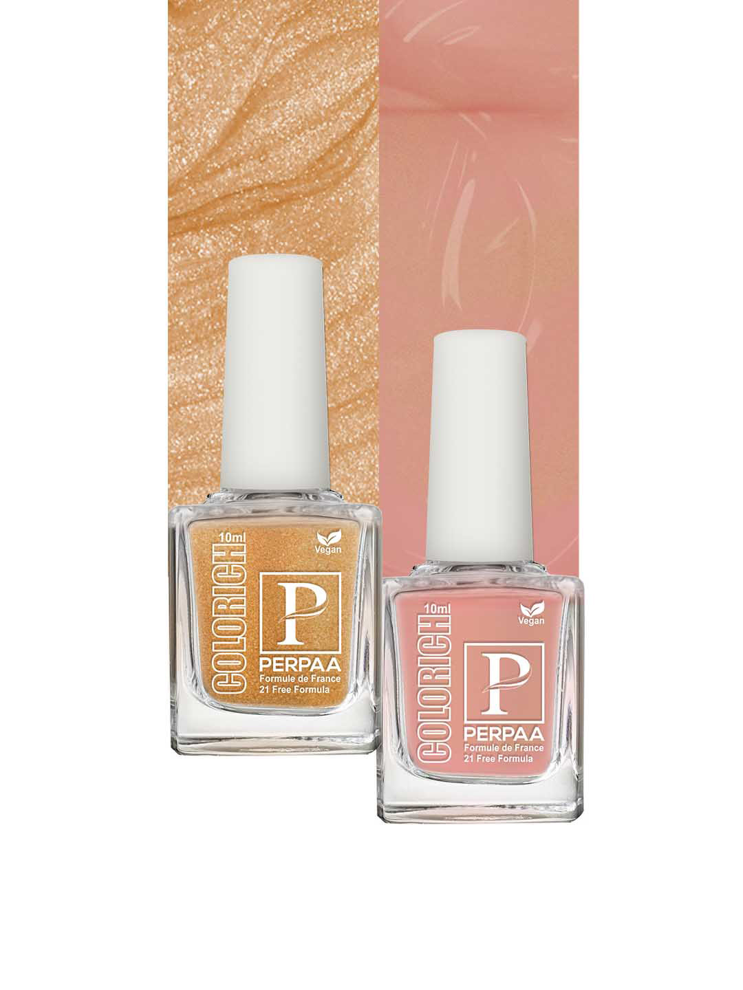 PERPAA Set of 2 Colorich Vegan Nail Polish 10ml Each - Shimmer Peach 08 & Golden Bliss 10