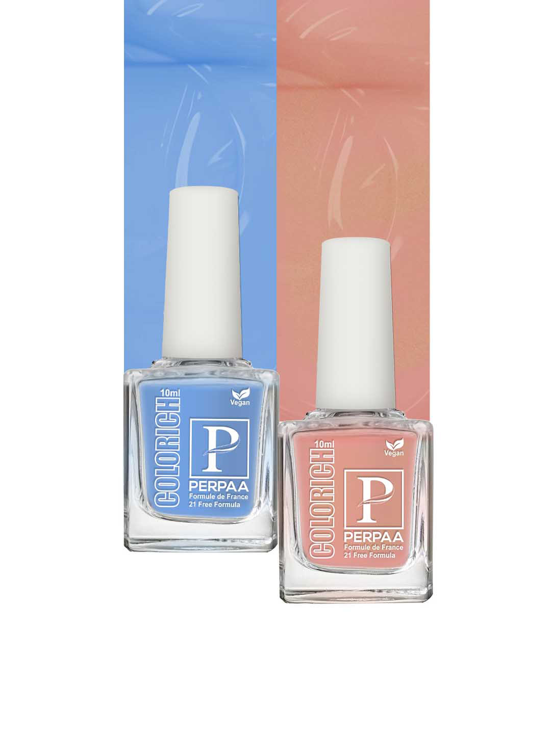 PERPAA Set of 2 Colorich Vegan Nail Polish 10ml Each - Ice Blue 06 & Shimmer Peach 08