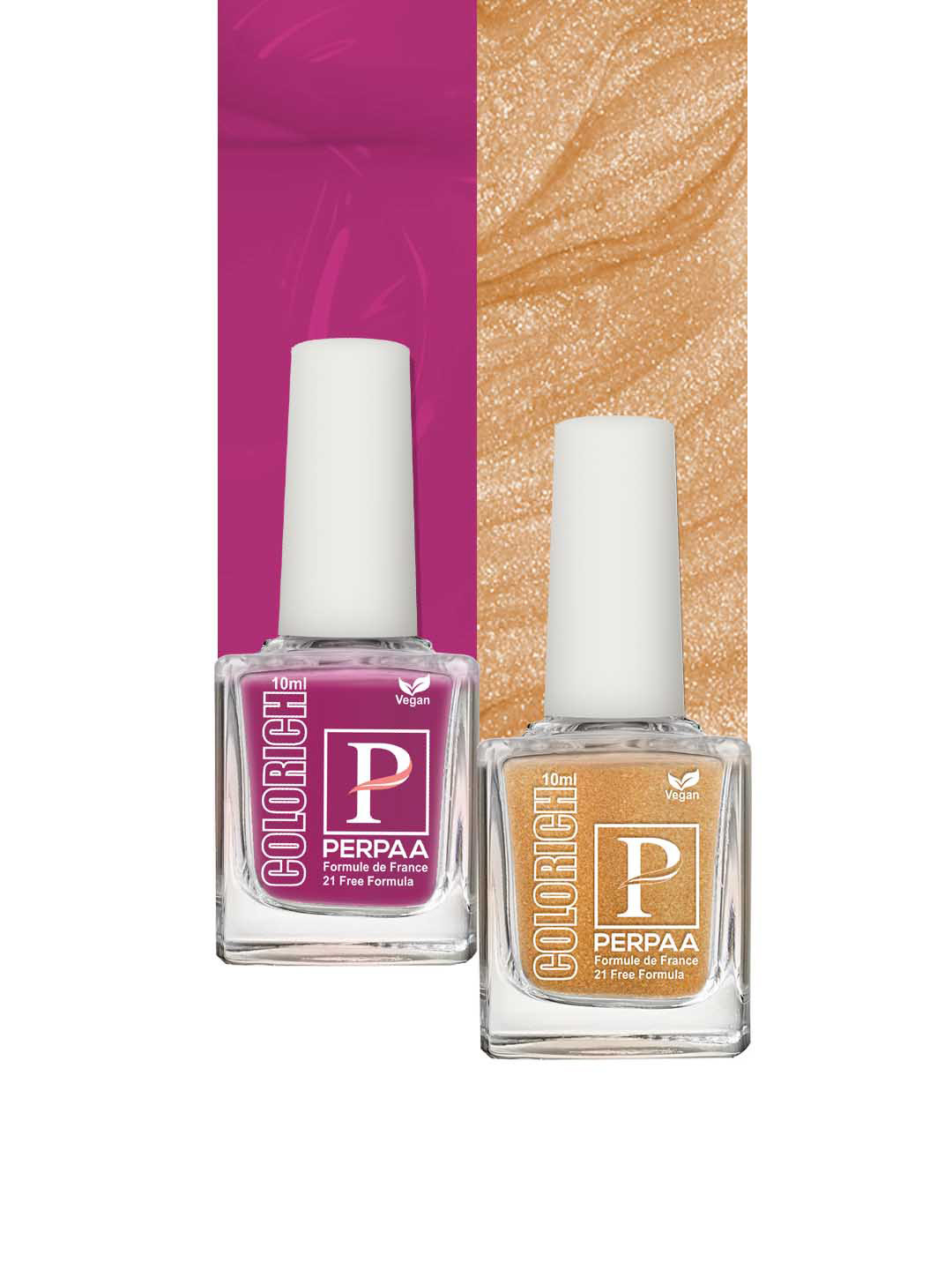 PERPAA Set of 2 Colorich Vegan Nail Polish 10ml Each - Golden Bliss 10 & Rani Pink 11