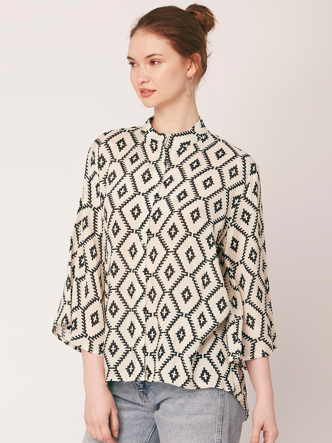 Moomaya Classic Geometric Printed Shirt Style Modal Top