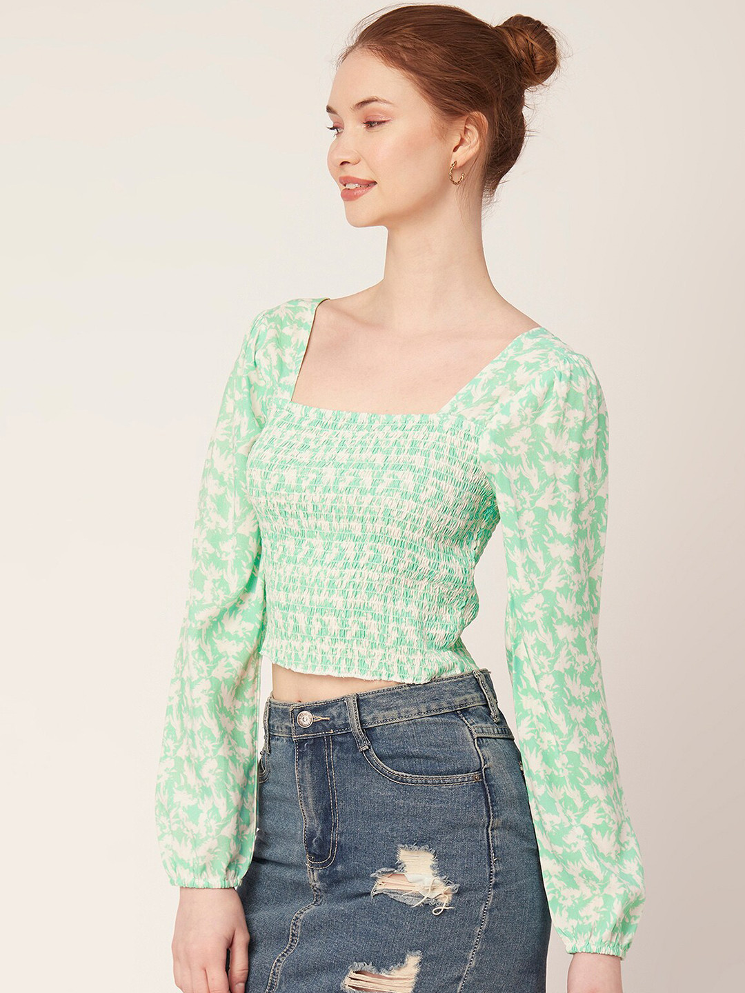 Moomaya Abstract Printed Smocked Fitted Crop Top