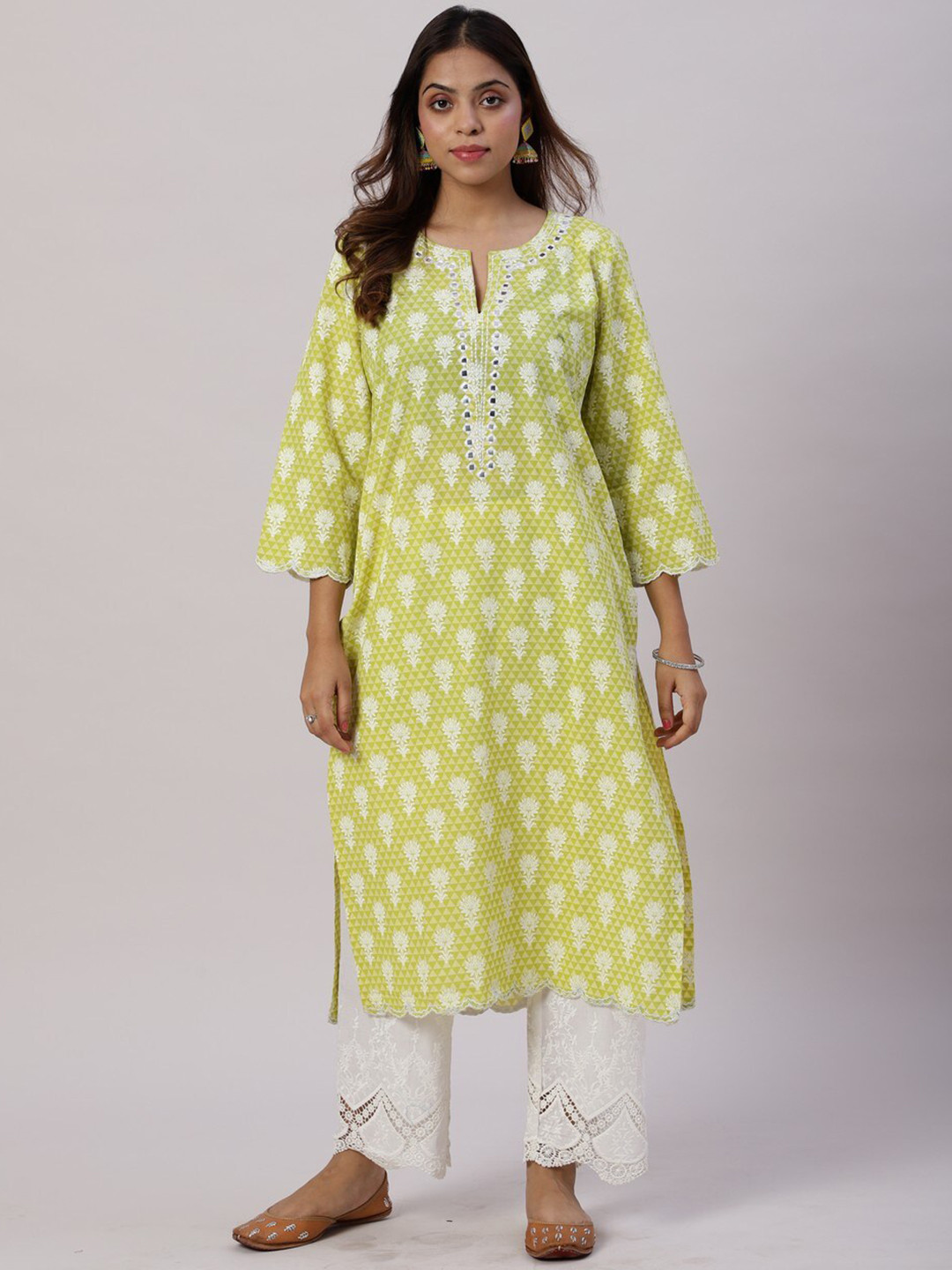 Spring Soul Ethnic Motifs Printed Mirror Work Pure Cotton Straight Kurta