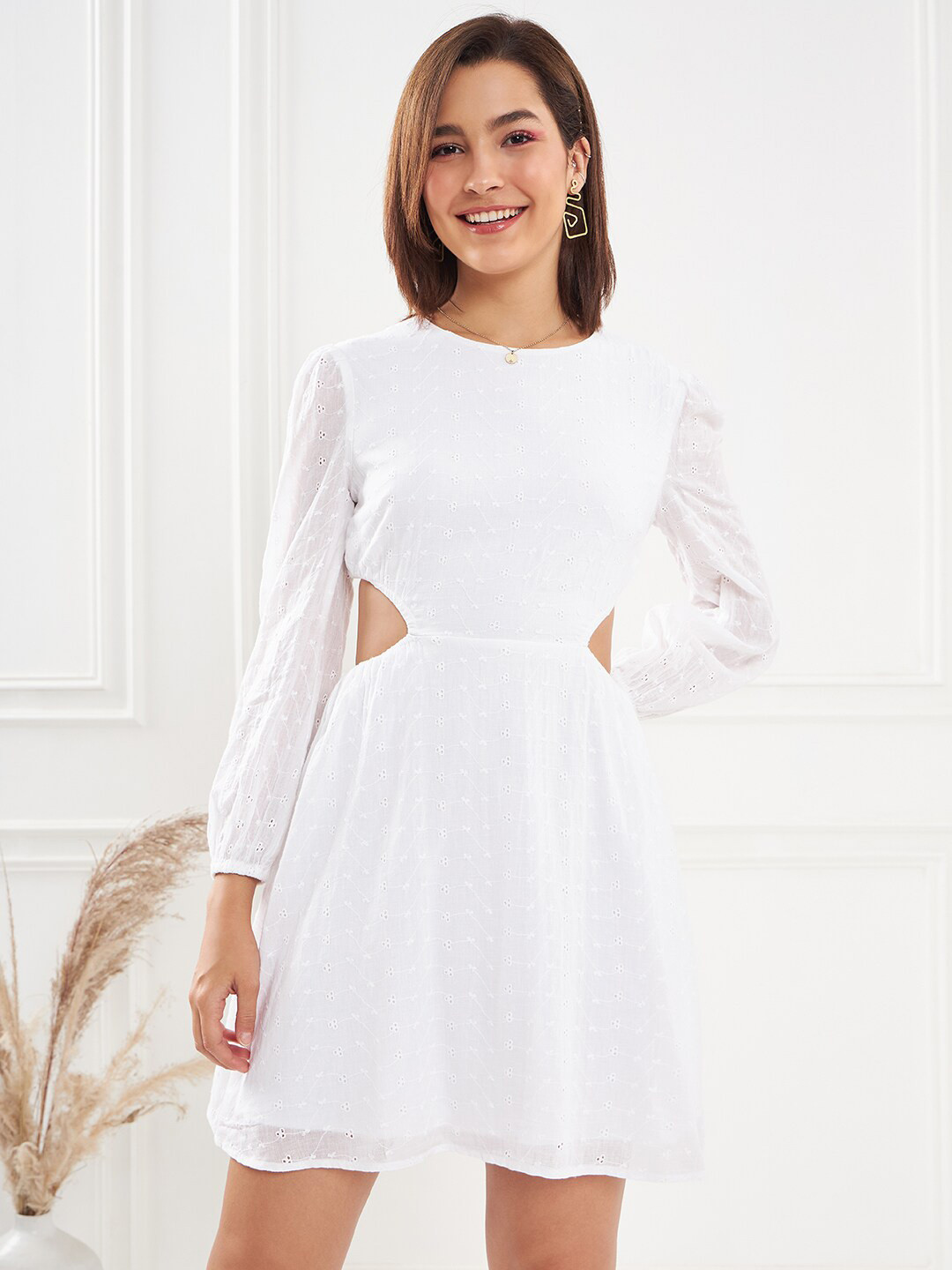 KASSUALLY Self Design Puff Sleeves Cut Outs Schiffli Fit & Flare Dress