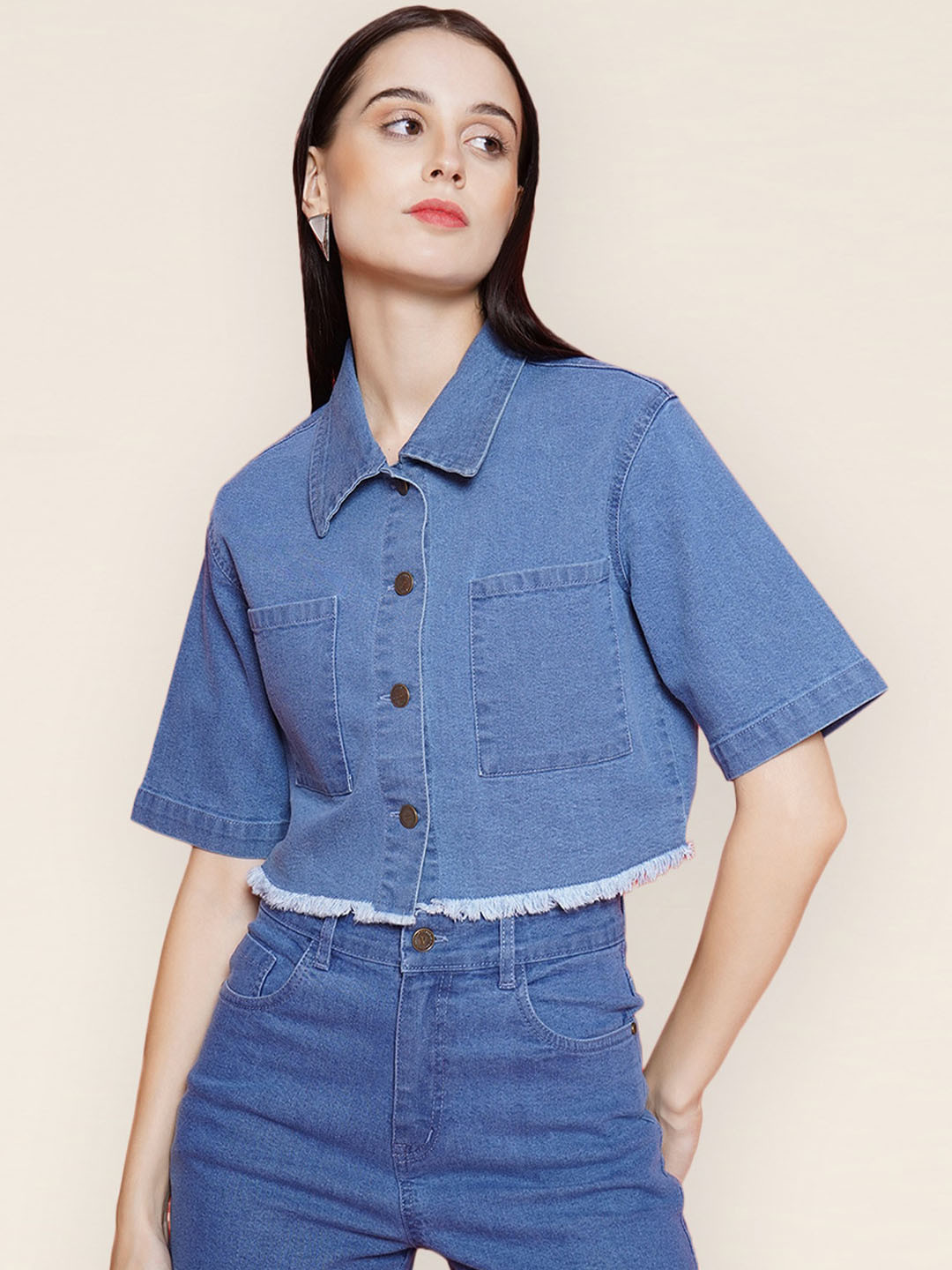 VESTIDO MODAS Button-Down Stretchable Crop Denim Jacket