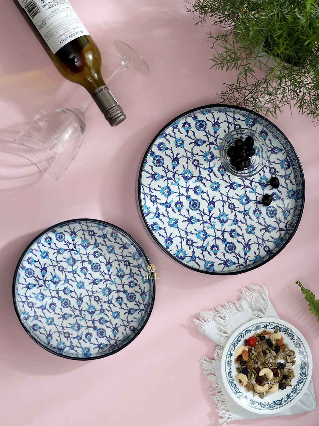 DULI 2 Pcs Blue & White Printed Round Trays