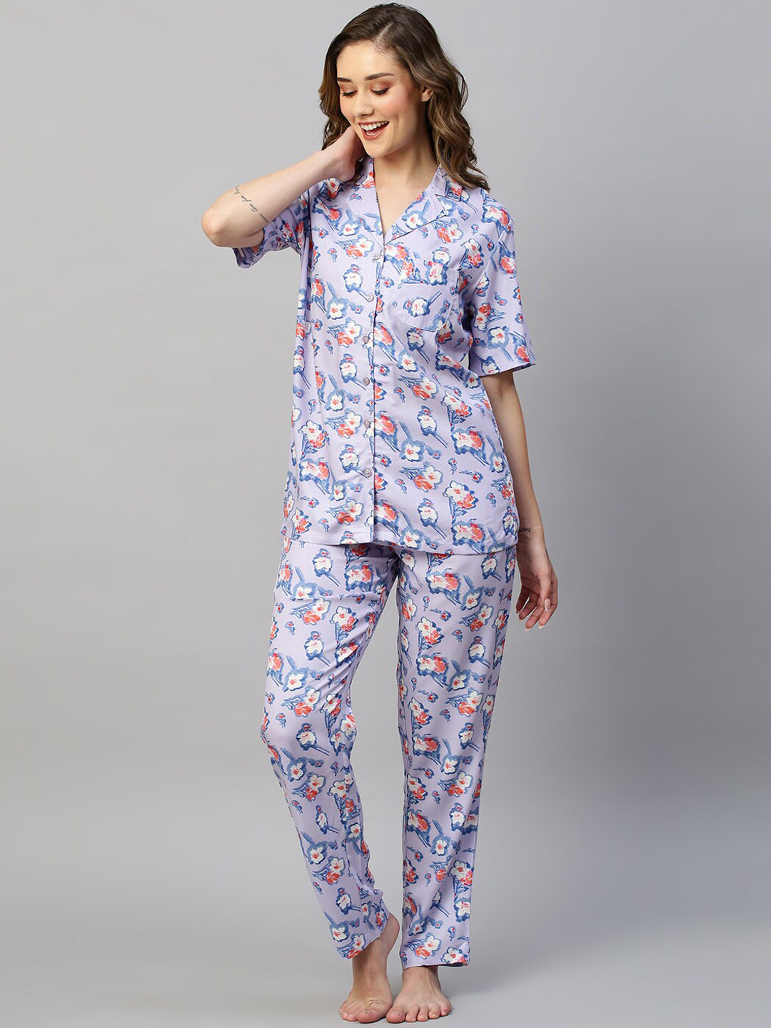 DRAPE IN VOGUE Purple & White Floral Printed Night suit