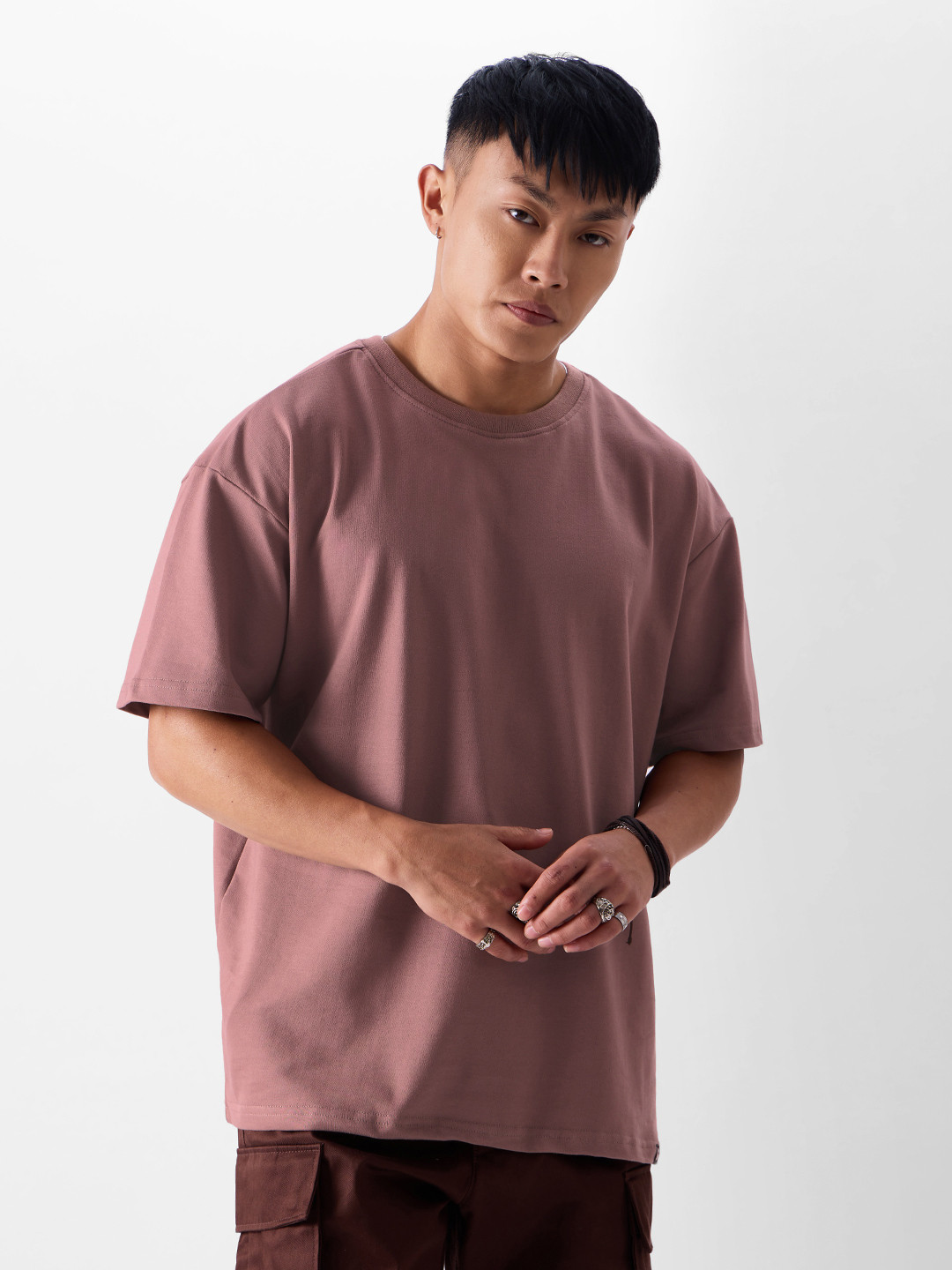 The Souled Store Men Mauve Solid Cotton Oversized Fit T-Shirts