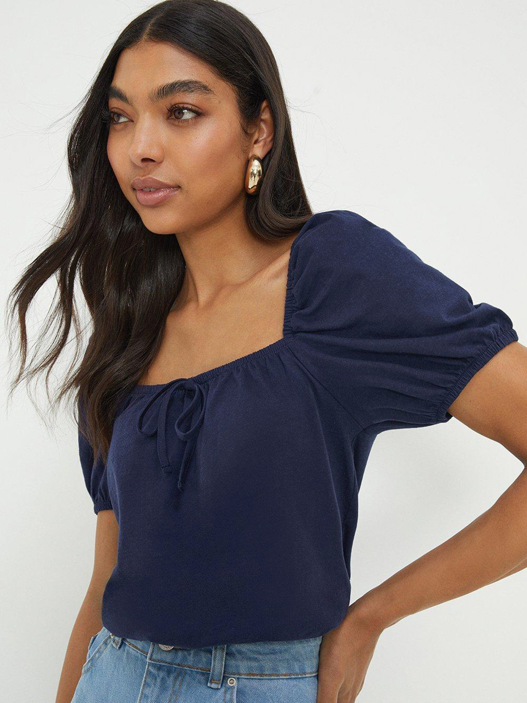 DOROTHY PERKINS Tie-Up Square Neck Puff Sleeve Cotton Blouson Top